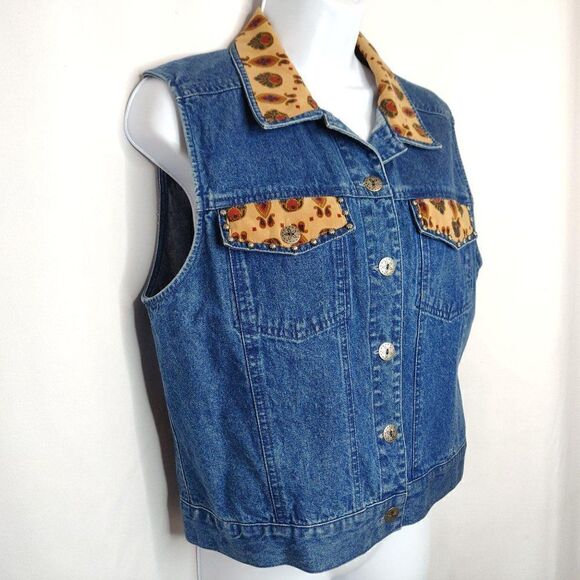 Vtg Denim Vest Western Rivets Sz S Cowgirl Stonebridge Brown Blue Paisley - Picture 2 of 4
